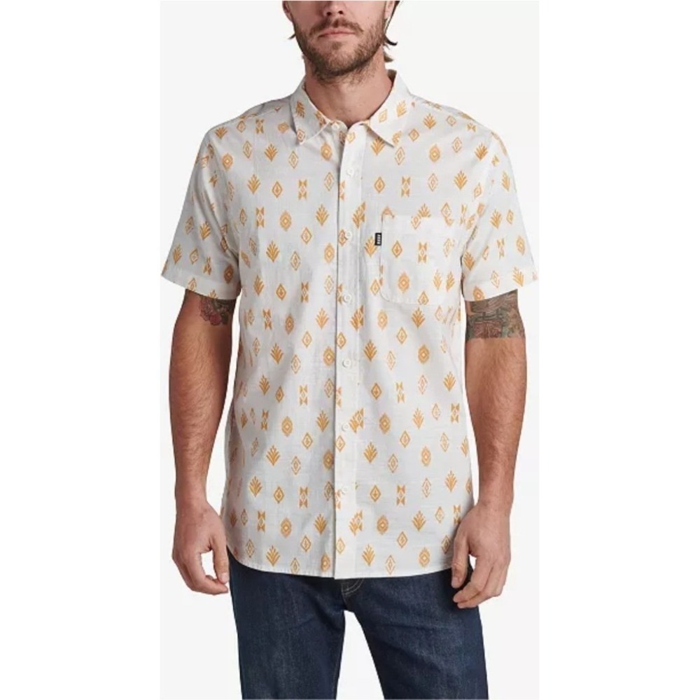 Reef Men's XXL White Orange Tribal‎ Print Short Sleeve Button Up Shirt NWOT